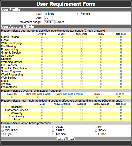Decision Support Sytem Input Page